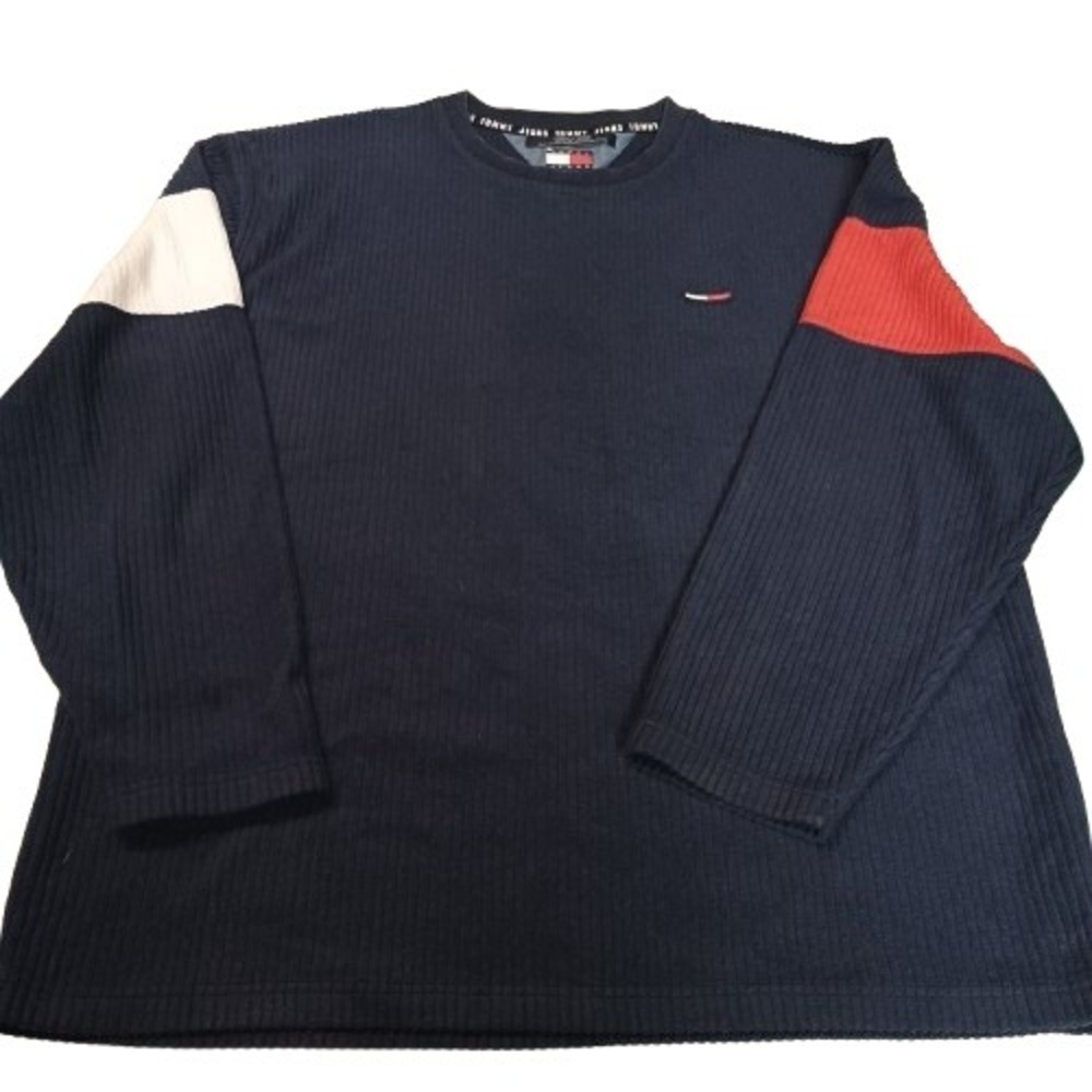 Tommy Jeans Mens Navy Ribbed Long Sleeve Crewneck Sweater‎ Colorblock Size XL